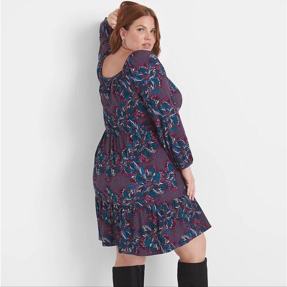 Lane Bryant Fantasy Floral 3/4 Sleeve Square Neck Tiered Fit & Flare Dress 26/28 - Picture 2 of 16